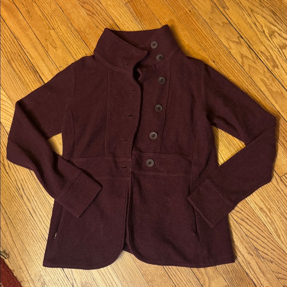Ibex Reese Cardigan Sweater fitted Jacket Blazer bucle Merino Wool wine Womens M - Picture 10 of 13
